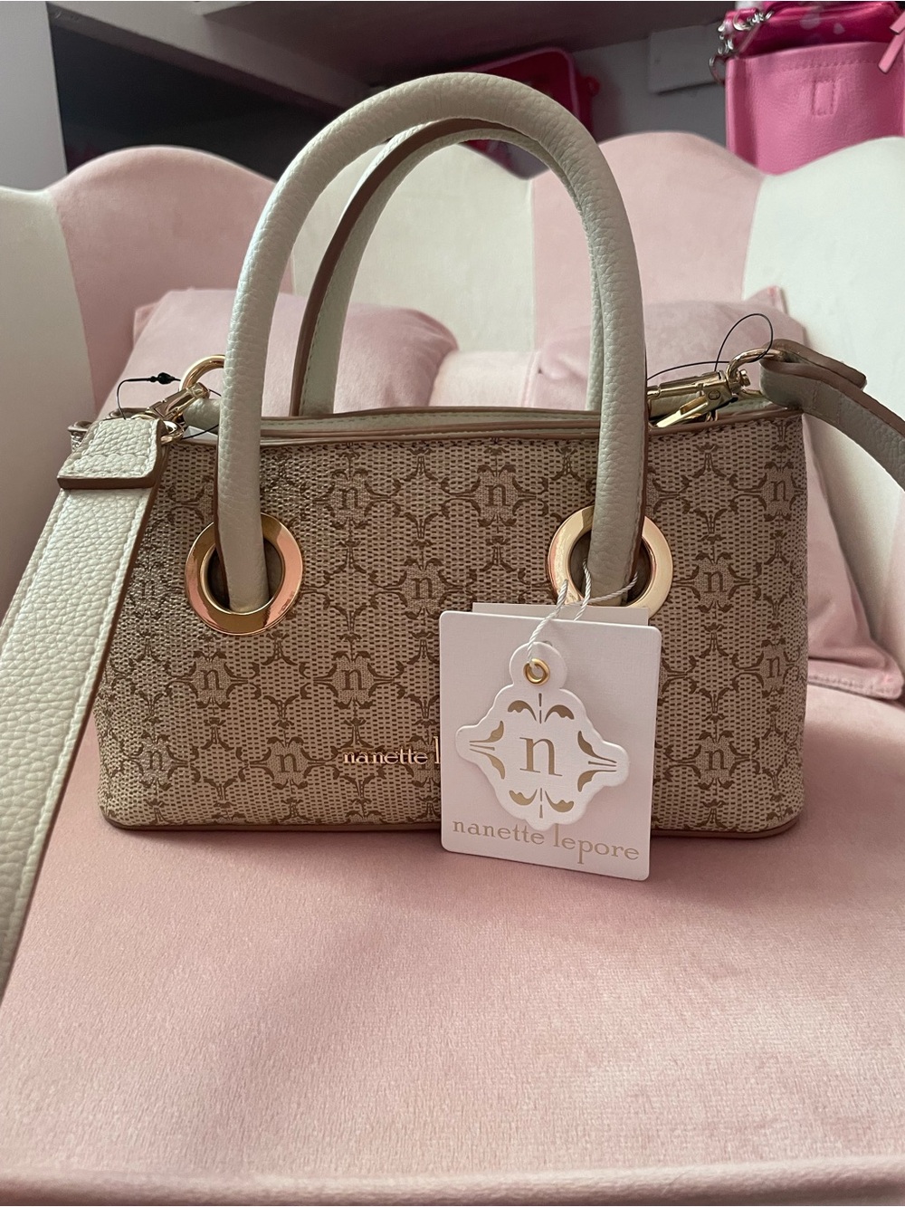 Nanette Lepore Beige Monogram Mini Satchel with Gold Accents